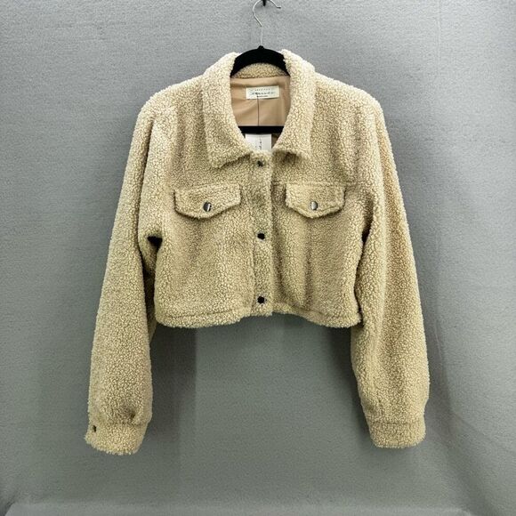 NWT Vintage American Threads Womens Biege Snap Front Cropped Teddy Jacket Large - Picture 2 of 9